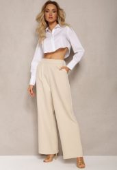 Jasnobeżowe Szerokie Spodnie w Eleganckim Stylu Hanessame. Brązowe jeansy Renee, l, bez wzorów, z jeansu, eleganckie. W wyprzedaży za 67.99 zł.
