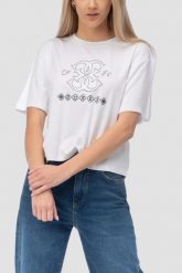 GUESS Biały damski t-shirt na krótki rękaw z wyszywanym logo Gabi, Rozmiar L. Białe t-shirty Guess, l, z aplikacjami, klasyczne, bez kołnierzyka, bez ramiączek. Za 219.99 zł.