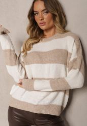 Beżowy Sweter ze Ściągaczami Ozdobiony Pasami z Wełną Tiarosea. Brązowe swetry Renee, bez wzorów, z jeansu, casualowe, bez ramiączek. W wyprzedaży za 111.99 zł.