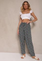 Zielono-Czarne Spodnie z Wiskozy High Waist w Kwiatowy Wzór Liosena. Zielone jeansy Renee, bez wzorów, z jeansu, z podwyższonym stanem. W wyprzedaży za 26.99 zł.