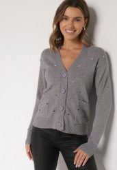 Szary Rozpinany Kardigan w Kropki Tusvanea. Szare swetry Born2be, l, bez wzorów, z jeansu, klasyczne, bez ramiączek. Za 79.99 zł.