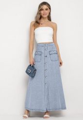 Jasnoniebieska Trapezowa Spódnica Maxi Bawełniana Jeansowa z Guzikami i Kieszeniami z Klapami Zrissa. Niebieskie spódnice Born2be, na co dzień, l, bez wzorów, z bawełny, eleganckie, maxi, koszulowe. W wyprzedaży za 161.49 zł.