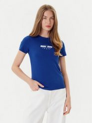 Guess Jeans T-Shirt W5YI04 J1314 Niebieski Slim Fit. Niebieskie t-shirty Guess Jeans, s, z aplikacjami, z bawełny, bez kołnierzyka, bez ramiączek. Za 79.99 zł.