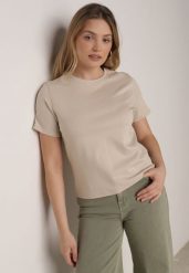 Beżowy Bawełniany T-shirt w Klasycznym Stylu Hetita. Brązowe t-shirty Born2be, m, bez wzorów, z bawełny, klasyczne, bez kołnierzyka, bez ramiączek. Za 69.99 zł.