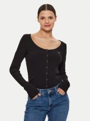 Tommy Jeans Bluzka DW0DW18431 Czarny Slim Fit. Czarne bluzki Tommy Jeans, xxs, bez wzorów, z bawełny, bez kołnierzyka, bez ramiączek. Za 129.99 zł.