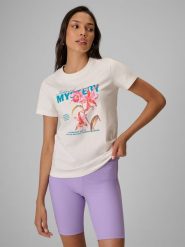4F T-shirt regular z nadrukiem damski - biały XS. Białe t-shirty 4f, xs, bez wzorów, z bawełny, klasyczne, bez kołnierzyka, bez ramiączek. Za 69.99 zł.