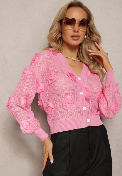Różowy Kardigan z Ażurowym Zdobieniem w Kwiaty Barimona. Czerwone swetry Renee, z aplikacjami, z tkaniny, bez ramiączek. Za 129.99 zł.