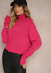 Fuksjowy Luźny Golf o Klasycznym Fasonie z Prążkami na Ściągaczach Basum. Czerwone swetry Renee, m, bez wzorów, z jeansu, eleganckie, bez ramiączek. W wyprzedaży za 87.99 zł.