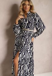 Granatowa Długa Sukienka Rozkloszowana w Geometryczne Wzory z Kołnierzykiem Skulle. Niebieskie sukienki Renee, l, bez wzorów, z materiału, bez kołnierzyka, bez ramiączek, maxi, rozkloszowane. W wyprzedaży za 99.99 zł.