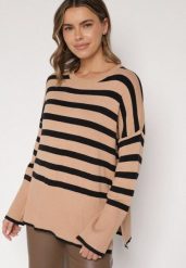 Beżowo-Czarny Sweter o Kroju Oversize z Motywem Pasków Irtusa. Brązowe swetry Born2be, bez wzorów, z jeansu, bez ramiączek. Za 79.99 zł.