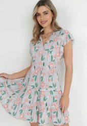 Miętowa Sukienka Taliowana z Wiskozy w Kwiaty Adomisia. Zielone sukienki Born2be, m, bez wzorów, z wiskozy, bez kołnierzyka, bez ramiączek, mini. Za 99.99 zł.