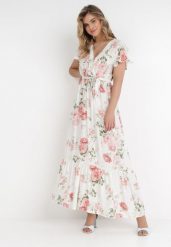 Biała Kopertowa Sukienka w Kwiatowy Wzór z Paskiem i Falbanką Thellippe. Białe sukienki Born2be, na imprezę, l, bez wzorów, eleganckie, bez kołnierzyka, bez ramiączek, maxi, kopertowe. W wyprzedaży za 63.74 zł.