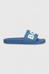 BOSS klapki Kirk damskie kolor niebieski 50488941. Niebieskie klapki Boss, bez wzorów, z gumy, bez obcasa, bez zapięcia. Za 299.99 zł.