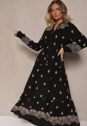 Czarna Rozkloszowana Sukienka Ozdobiona Haftem i Wzorem Boho Ronavere. Czarne sukienki Renee, na co dzień, l, bez wzorów, boho, bez kołnierzyka, bez ramiączek, maxi, kopertowe. W wyprzedaży za 151.99 zł.