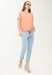 Bluzka damska wiązana w pasie K-LILOU. Czerwone bluzki Volcano, plus size, z aplikacjami, z materiału, bez kołnierzyka, plus size, bez ramiączek. Za 99.99 zł.