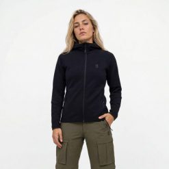 Poederbaas Damska Bluza Outdoor z Wełną Merynosów - Czarna. Czarne bluzy POEDERBAAS, s, bez wzorów, z materiału, bez ramiączek, bez kaptura. Za 373.02 zł.