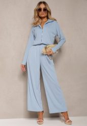 Niebieski Komplet Casualowy Szerokie Spodnie z Gumką w Pasie i Koszula Sansia. Niebieskie koszule Renee, m, bez wzorów, eleganckie, bez kołnierzyka, bez ramiączek. W wyprzedaży za 112.49 zł.