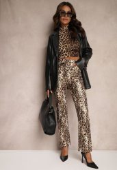 Brązowe Spodnie High Waist o Klasycznym Kroju w Panterkę Dailiana. Brązowe jeansy Renee, l, bez wzorów, z jeansu, eleganckie, z podwyższonym stanem. W wyprzedaży za 159.99 zł.