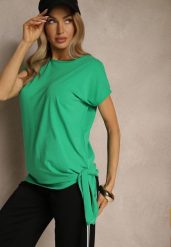 Zielony T-shirt z Bawełny z Ozdobnym Wiązaniem Termio. Zielone t-shirty Renee, m, bez wzorów, z bawełny, biznesowe, bez kołnierzyka, bez ramiączek. W wyprzedaży za 27.99 zł.
