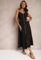 Czarna Taliowana Sukienka na Guziki na Ramiączkach z Regulacją Quafea. Czarne sukienki Renee, na co dzień, l, bez wzorów, eleganckie, bez kołnierzyka, bez ramiączek, midi, kopertowe. W wyprzedaży za 83.99 zł.