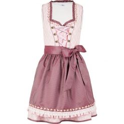 Sukienka w ludowym stylu z fartuchem, dł. przed kolano (2 części). Fioletowe sukienki bonprix, bez wzorów, z koronki, eleganckie, bez kołnierzyka, bez ramiączek. Za 349.99 zł.