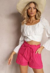 Fuksjowe Szorty z Guzikami i Gumką w Pasie Ściągane Troczkiem Amalilena. Czerwone szorty Renee, bez wzorów, z szyfonu, eleganckie. W wyprzedaży za 39.99 zł.