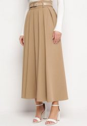 Beżowa Spódnica o Rozkloszowanym Plisowanym Fasonie z Paskiem z Klamrą Aferna. Brązowe spódnice Born2be, m, bez wzorów, eleganckie, maxi, plisowane. W wyprzedaży za 186.99 zł.