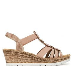 Sandały Rieker. Czerwone sandały Rieker, bez wzorów, bez obcasa, na koturnie, bez zapięcia. Za 319.99 zł.