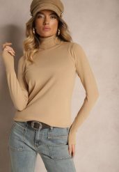 Beżowy Golf z Wiskozą i Ściągaczem Izamia. Brązowe swetry Renee, m, bez wzorów, z jeansu, eleganckie, bez ramiączek. W wyprzedaży za 39.99 zł.
