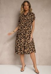 Brązowo-Czarna Koszulowa Sukienka z Bawełny w Panterkowy Print Iffiera. Brązowe sukienki Renee, na co dzień, l, bez wzorów, z bawełny, klasyczne, bez kołnierzyka, bez ramiączek, midi, koszulowe. W wyprzedaży za 43.99 zł.