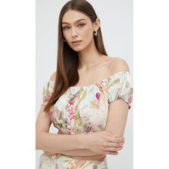 Guess bluzka lniana. Bluzki Guess, l, z aplikacjami, z tkaniny, bez kołnierzyka, bez ramiączek. Za 459.99 zł.