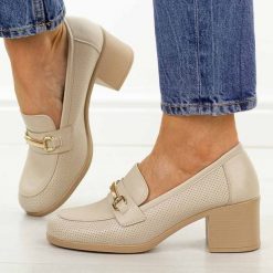 Beżowe półbuty damskie na obcasie, mokasyny Potocki 12774. Brązowe mokasyny POTOCKI, bez wzorów, z jeansu. Za 179.00 zł.