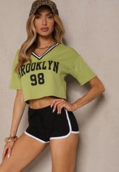 Zielony T-shirt z Bawełny Ozdobiony Napisem Lireline. Zielone t-shirty Renee, m, bez wzorów, z bawełny, eleganckie, bez kołnierzyka, bez ramiączek. W wyprzedaży za 31.99 zł.
