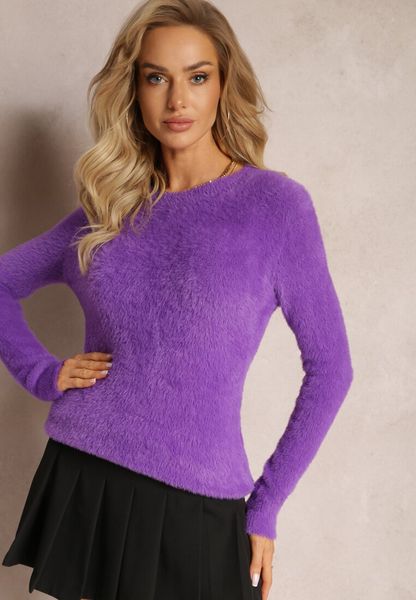 Fioletowy Puchaty Sweter Wełniany Ourlla. Fioletowe swetry Renee, xl, bez wzorów, z tkaniny, casualowe, bez ramiączek. Za 64.99 zł.