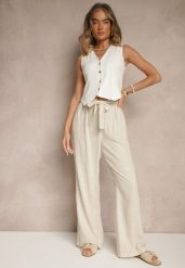 Beżowe Klasyczne Spodnie High Waist z Lnu i Bawełny Wiązane w Talii Linelira. Brązowe jeansy Renee, l, bez wzorów, z bawełny, eleganckie, z podwyższonym stanem. W wyprzedaży za 63.99 zł.