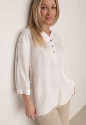 Biała Koszula z Wiskozy z Haftowanymi Kwiatami Sylimeine. Białe koszule Born2be, l, z aplikacjami, z materiału, casualowe, bez kołnierzyka, plus size, bez ramiączek. Za 89.99 zł.