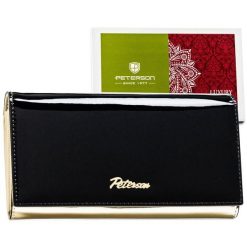 Czarno-złoty, elegancki portfel damski zamykany na zatrzask - Peterson. Czarne portfele Peterson, bez wzorów, ze skóry. Za 115.99 zł.
