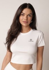 Biały Krótki T-shirt w Stylu Basic z Minimalistycznym Nadrukiem Orithana. Białe t-shirty sportowe Born2be, l, bez wzorów, z jeansu, bez ramiączek. Za 29.99 zł.