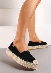 Czarne Espadryle z Imitacji Zamszu na Platformie z Jutowej Plecionki Mirrona. Czarne espadryle Renee, bez wzorów, bez obcasa, na platformie. W wyprzedaży za 53.99 zł.