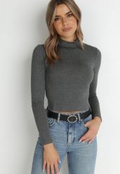Ciemnoszara Bluzka Crop Top z Półgolfem Volei. Szare bluzki Born2be, xl, bez wzorów, z dzianiny, bez kołnierzyka, bez ramiączek. W wyprzedaży za 16.99 zł.