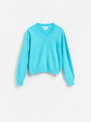 Wełniany sweter - turkusowy. Niebieskie swetry Reserved, l, bez wzorów, z wełny, bez ramiączek. Za 199.99 zł.