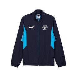Kurtka z dresu Manchester City 2024/25. Niebieskie kurtki Puma, bez wzorów, z dresówki, sportowe, bez kaptura. W wyprzedaży za 252.00 zł.
