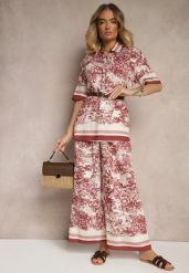 Bordowy Komplet z Wiskozy Koszula i Spodnie z Motywem Roślinnym Ridiene. Czerwone koszule Renee, l, bez wzorów, z materiału, eleganckie, bez kołnierzyka, bez ramiączek. W wyprzedaży za 99.99 zł.