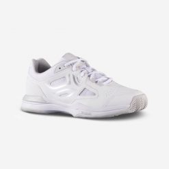 Buty tenisowe TS500 damskie na mączkę. Białe buty treningowe ARTENGO, bez wzorów, z kauczuku, bez zapięcia, tenisowe. Za 199.99 zł.