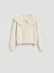 Kardigan z kołnierzem - kremowy. Białe swetry Reserved, l, bez wzorów, z dzianiny, bez ramiączek. Za 129.99 zł.