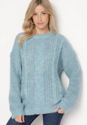 Jasnoniebieski Sweter z Wełną z Ozdobnym Splotem Abrenevia. Niebieskie swetry Born2be, na zimę, bez wzorów, z wełny, bez ramiączek. W wyprzedaży za 67.99 zł.