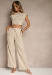 Jasnobeżowe Spodnie z Lnem o Szerokim Kroju z Gumką w Talii Filarive. Brązowe jeansy Renee, bez wzorów, z jeansu, eleganckie. W wyprzedaży za 63.99 zł.