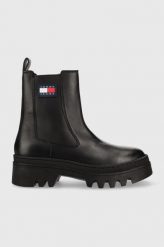 Tommy Jeans botki skórzane Tommy Jeans Fashion Chelsea damskie kolor czarny na platformie. Czarne botki Tommy Jeans, bez wzorów, z gumy, z okrągłym noskiem, bez obcasa, na platformie, bez zapięcia. W wyprzedaży za 619.99 zł.