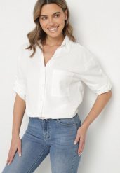Biała Koszula Bawełniana w Delikatne Prążki Lissse. Białe koszule Born2be, l, bez wzorów, z bawełny, klasyczne, bez kołnierzyka, bez ramiączek. W wyprzedaży za 55.24 zł.