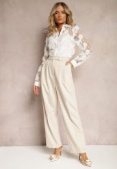 Beżowe Spodnie High Waist w Garniturowym Stylu z Kieszeniami Junife. Brązowe jeansy Renee, l, bez wzorów, z jeansu, biznesowe, z podwyższonym stanem. W wyprzedaży za 99.99 zł.